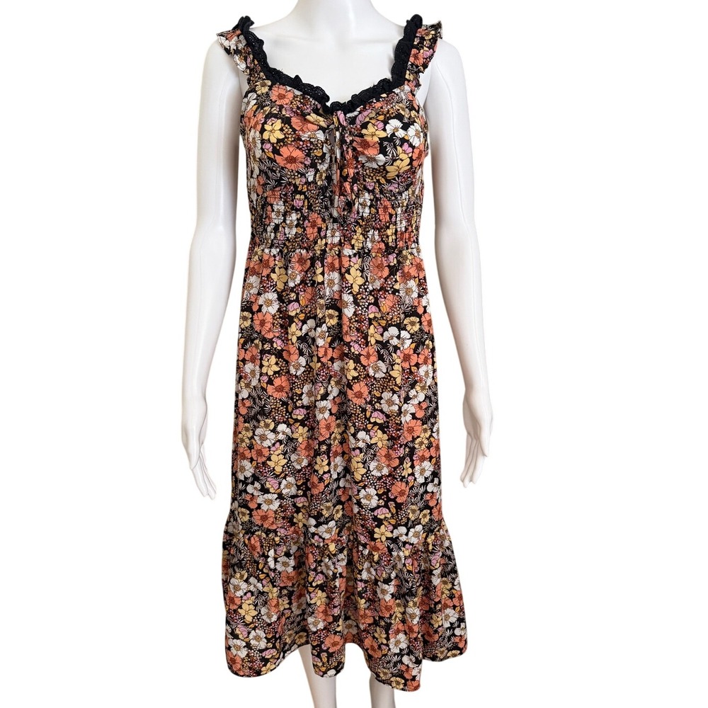 Max + Ash Black Orange Floral Sleeveless Midi Dress Size Small